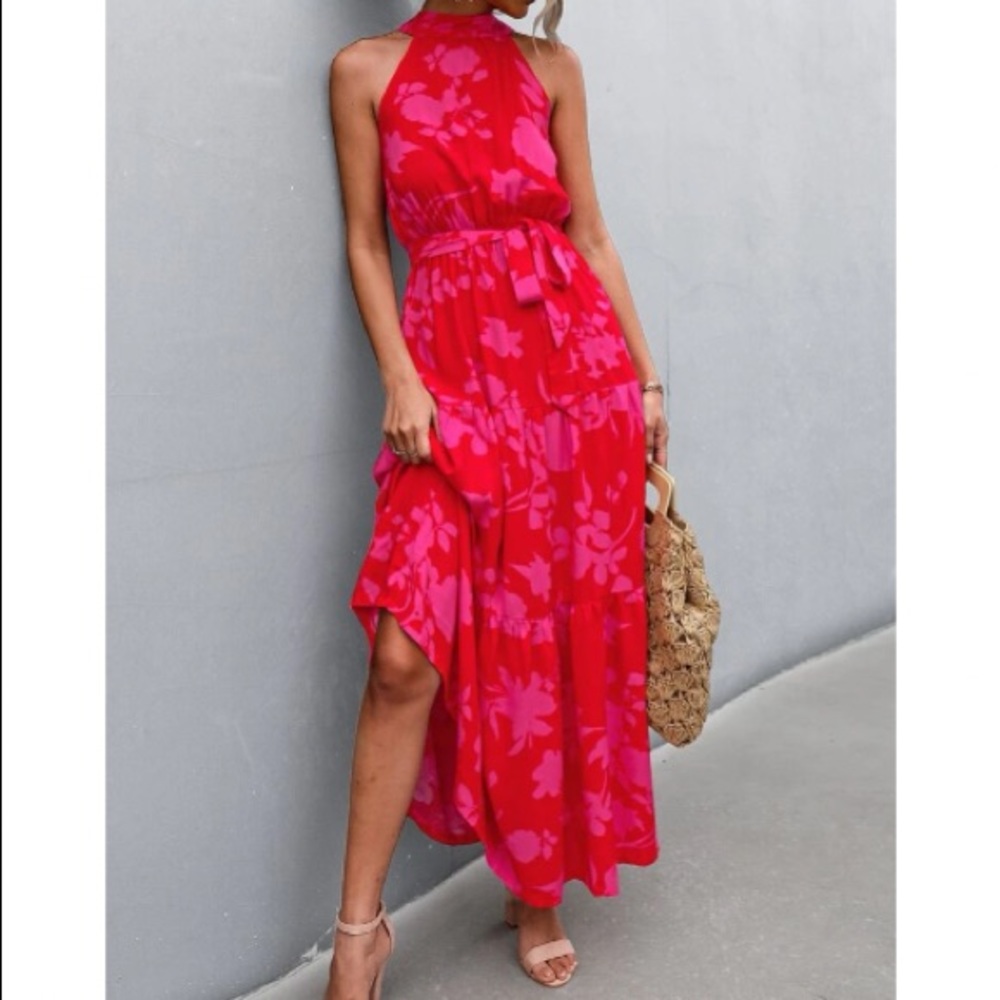 Boho red pink floral print belted halter maxi dress